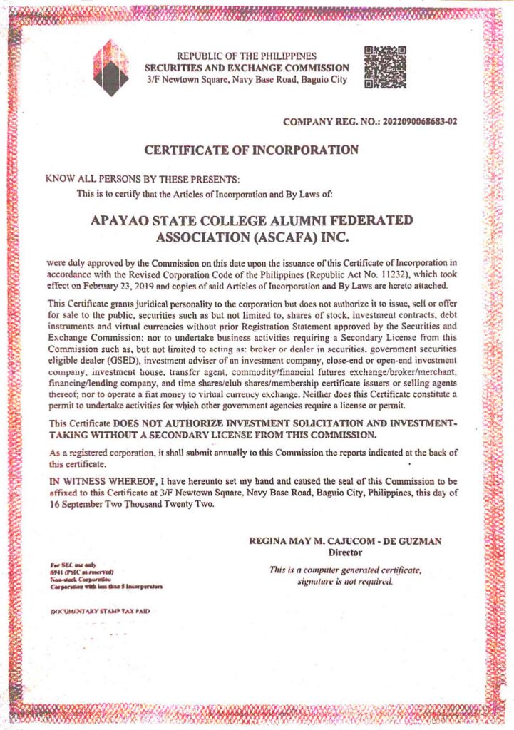 ASCAFA SEC Registration Certificate